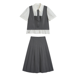 紫涵短款假两件撞色上衣中长款a字百褶裙上下两件套装女夏季新款