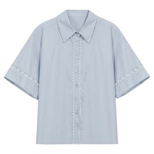 达佳诗蓝色衬衣女学院风夏季短袖衬衫韩系简约职场通勤穿搭上衣