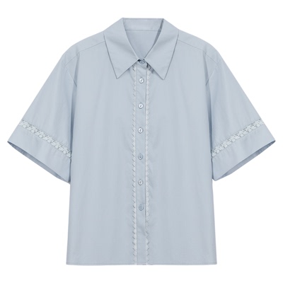 蓝色翻领镂空蕾丝衬衫