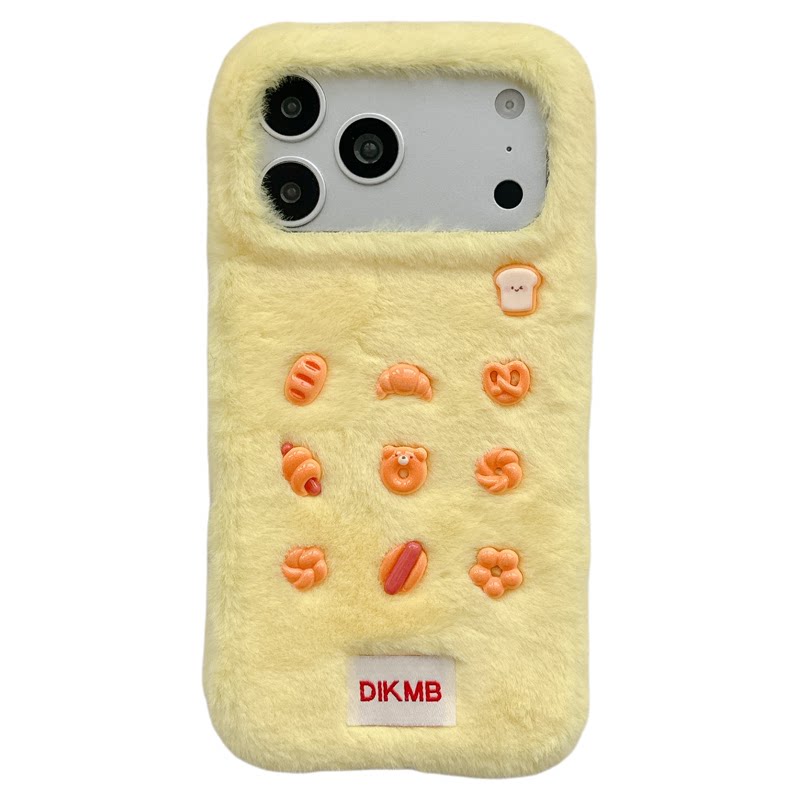 MoreRex奶黄秋冬毛绒九宫格面包带挂绳适用苹果18手机壳iphone17promax新款18pro高颜值15防摔保护套14女款16