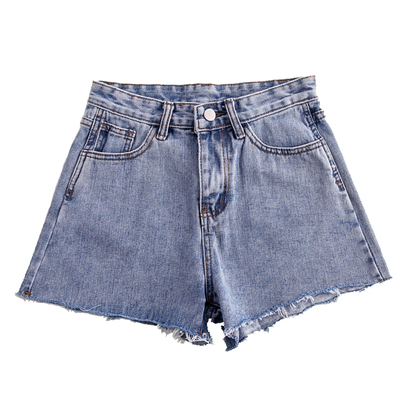 chic风新款宽松蓝色毛边牛仔短裤