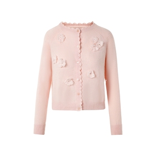 朗姿莱茵福莱尔法式优雅绵羊毛立体钩花慕斯粉甜美针织开衫上衣女