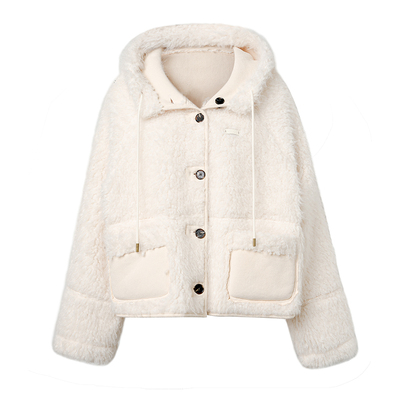 Kroche  绒绒暖意 两穿设计 麂皮拼接羊羔毛连帽双面外套