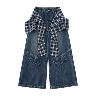 女童美式高街复古设计感格子屁帘牛仔阔腿裤中大童潮酷爵士舞裤子