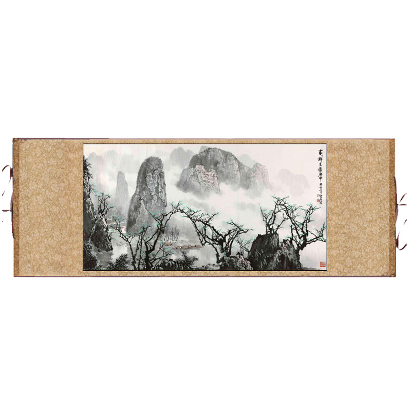名家山水横幅丝绸挂画国画卷轴画漓江山水挂画书房装饰画白雪石画