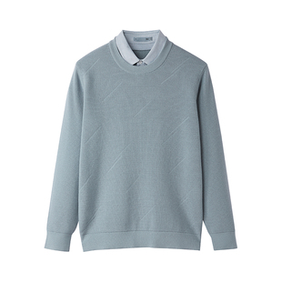 海澜之家高端商务时尚蓝色双领针织衫25秋冬款加厚假两件毛衣男款