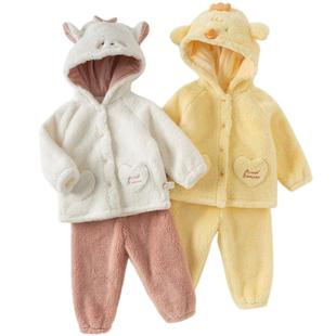 戴维贝拉儿童家居服冬季新款女童毛绒睡衣宝宝保暖外出套装女宝