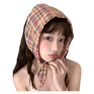 法式红色格纹三角头巾女夏海边复古田园风丝巾遮阳防晒三角巾发带