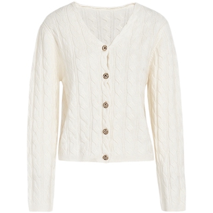 马天奴春秋女装浅灰绵羊毛提花针织开衫V领短款气质百搭时尚简约