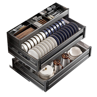 潜水艇拉篮厨房橱柜双层三层碗篮抽中抽屉式内置碗碟架锅具收纳架