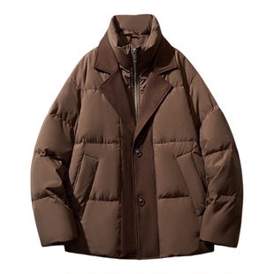 美式潮牌设计感假两件针织拼接西装羽绒服冬季时尚个性保暖外套男