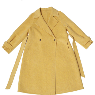 oo&vv系带收腰双面羊毛呢大衣女中长款25冬黄色毛呢外套极简廓形