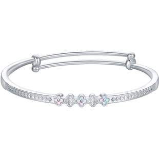 六桂福珠宝S990足银实心手镯女四叶草推拉银镯子情人节新年礼物