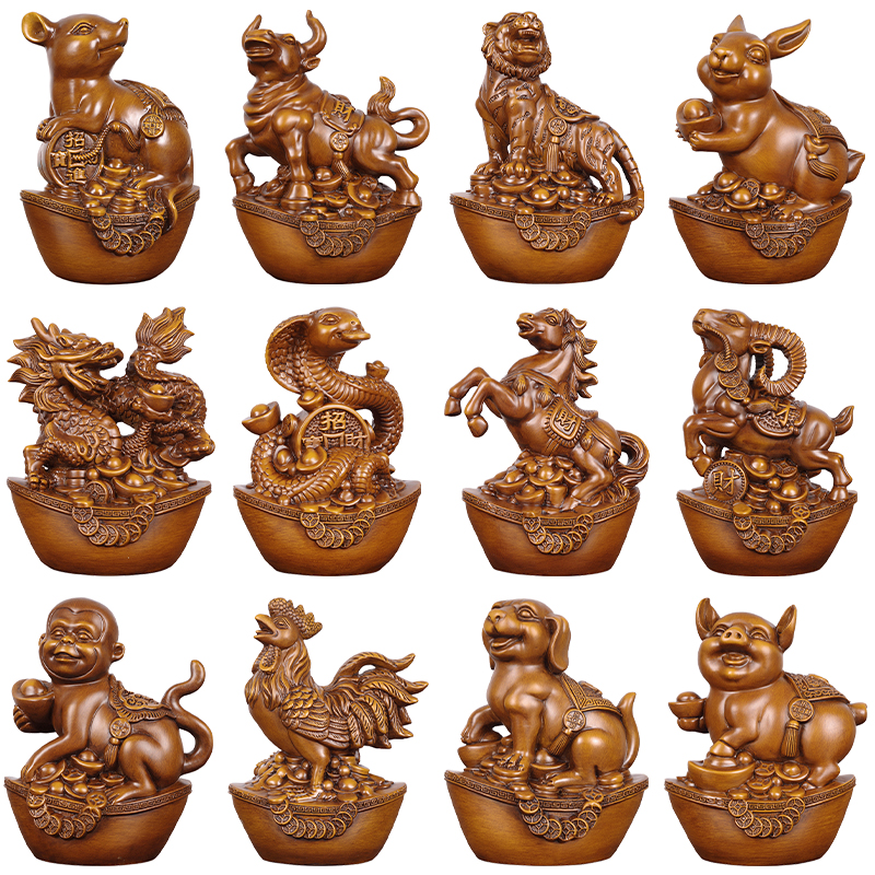 木雕十二生肖摆件家居客厅酒柜收藏装饰办公室商务兔年生日送礼品