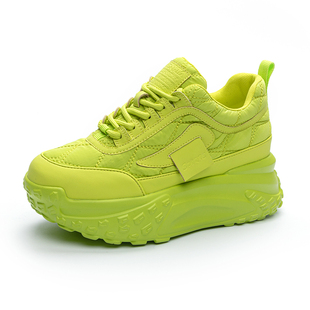 真皮老爹鞋女荧光绿时尚轻便休闲运动鞋子松糕厚底隐形内增高女鞋
