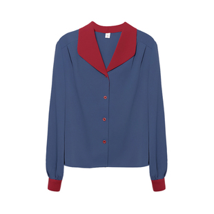 燕麦可可~港风复古穿搭撞色翻领长袖日常通勤春秋季纯色女衬衫