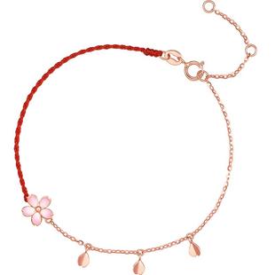 周六福18K金手链女樱花红手绳多流苏彩金新年礼物送女友调节手饰