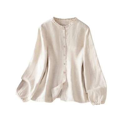 木耳边文艺复古棉麻长袖衬衫女装春秋季休闲宽松简约纯棉开衫衬衣