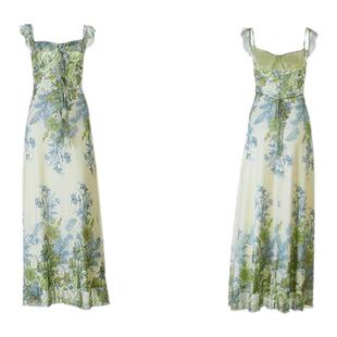 法式绝美度假风收腰连衣裙女海岛三亚沙滩裙子荷叶边印花包臀长裙