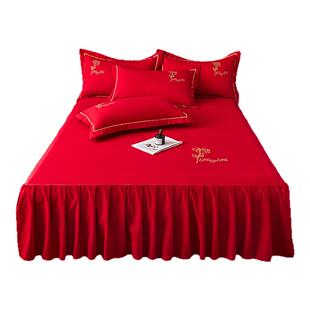 纯棉大红色中式婚嫁床裙单件婚庆结婚床罩枕套三件套全棉床品床套