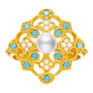 吾往晓山青珍珠绿松石戒指新中式国风镂空精致百搭开口戒宫廷风