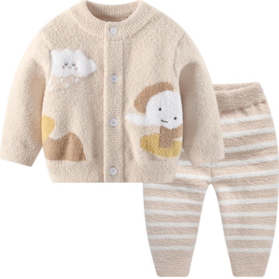 婴儿裤子秋冬男童加厚半边绒长裤冬季儿童男宝宝雪尼尔睡裤保暖款