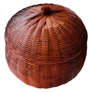 复古竹编南瓜篮带盖子手工编织竹篮竹制品小物件收纳筐拍摄道具