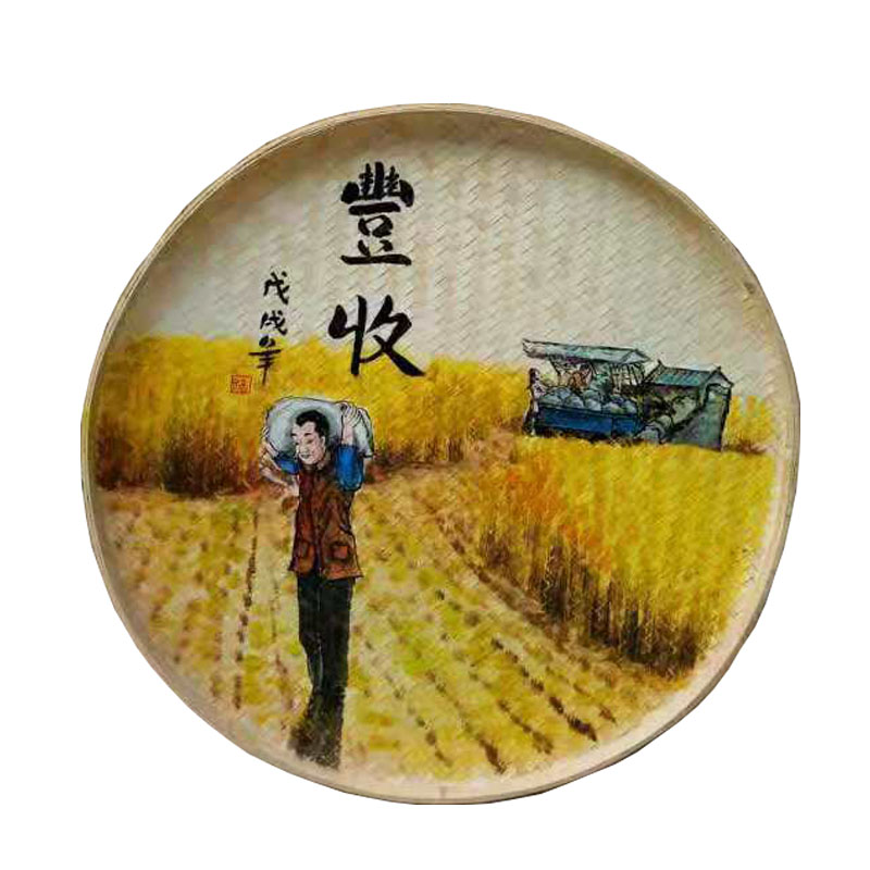 手绘簸箕画田园农耕文化竹编