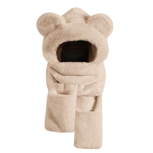 小熊帽子秋冬女围巾手套一体连帽冬季围脖可爱保暖毛绒冬天三件套