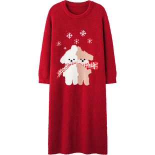 思莉太太冬季睡裙女款睡衣半边绒加厚红色新年本命年毛绒家居长裙