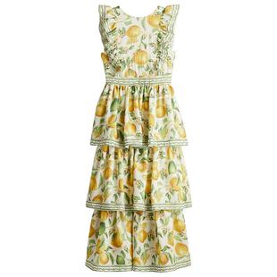 HM女装无领连衣裙冬季新款褶边飞袖大摆法式植物印花长裙1272806