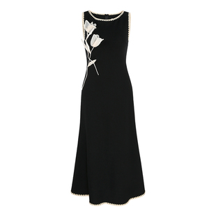 韩语琳 限时9折/新中式国风黑色无袖连衣裙立体花朵修身鱼尾长裙