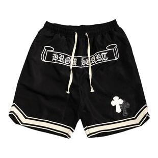 很燃！裆前梵文刺绣花贴皮十字架运动篮球纯棉织带潮牌夏五分裤子