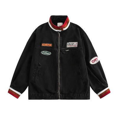 美式复古撞色拼接立领牛仔夹克男