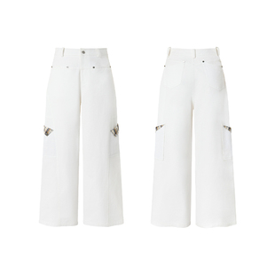 【雪松闲居】Uena白色格纹翻边多口袋弧形分割设计休闲阔腿工装裤