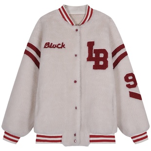 落落狷介羊羔毛棒球服外套女冬款皮毛一体白色加厚保暖小个子外套