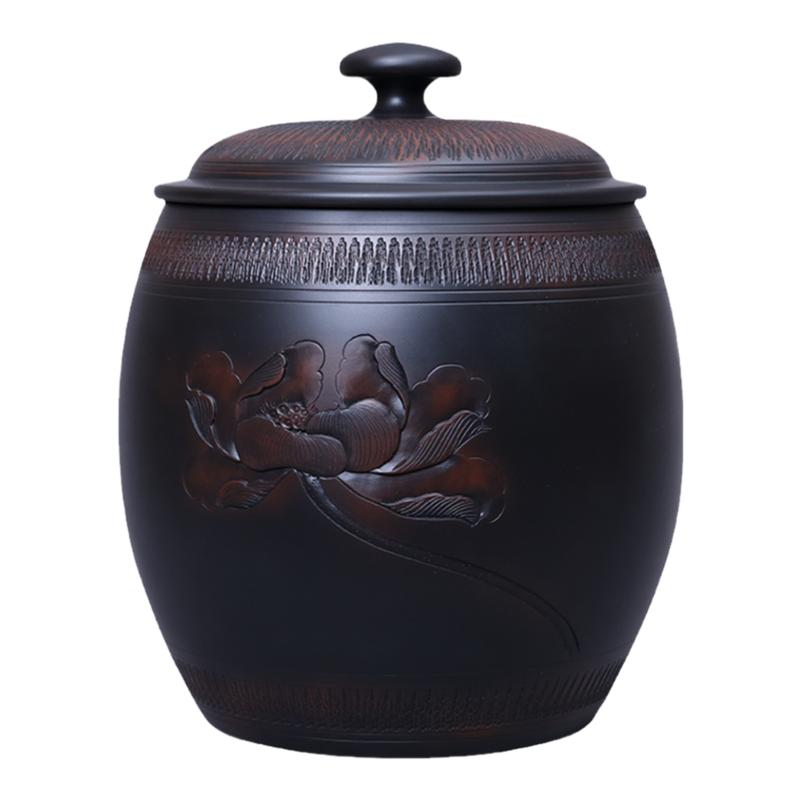 建水紫陶纯手工茶叶罐浮雕七饼缸