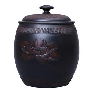 建水紫陶纯手工茶叶罐浮雕七饼缸