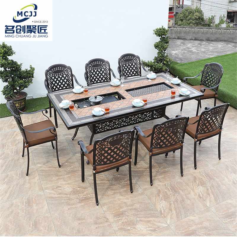 户外烧烤桌椅家用露台天室外休闲餐桌庭院阳台欧式别墅铸铝烧烤炉