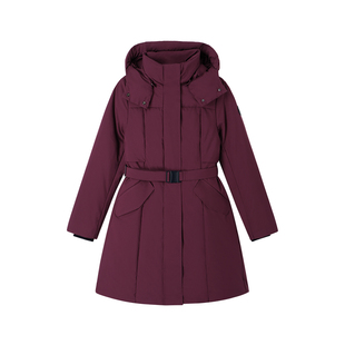 ELLE Active女装户外保暖收腰羽绒服25年冬款防风连帽中长款外套