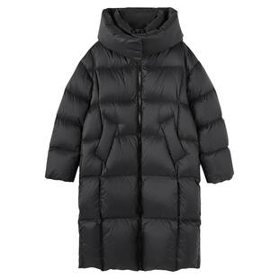 Basic House/百家好黑色连帽羽绒服女冬季中长款加厚双头拉链外套