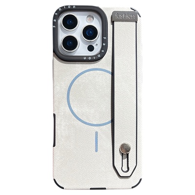 手带式腕带适用苹果16pro手机壳磁吸充电iPhone15promax支架一体14plus牛仔纹13pm皮质12防指纹i11简约男外壳