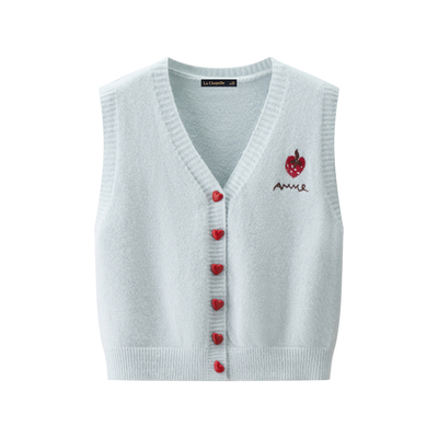 拉夏贝尔/La Chapelle草莓刺绣针织马甲女秋冬款外搭宽松背心开衫