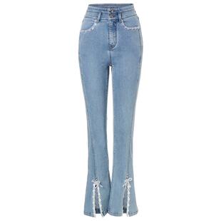 MAXRIENY开叉设计感复古牛仔裤夏修身高腰裤子高级气质感女装