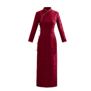 中国风加绒加厚改良旗袍冬长款保暖复古连衣裙外嫁女高端婚宴礼服