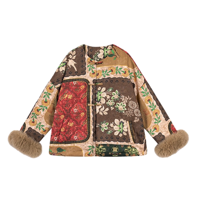 中式国风刺绣狐狸毛白鸭绒羽绒服