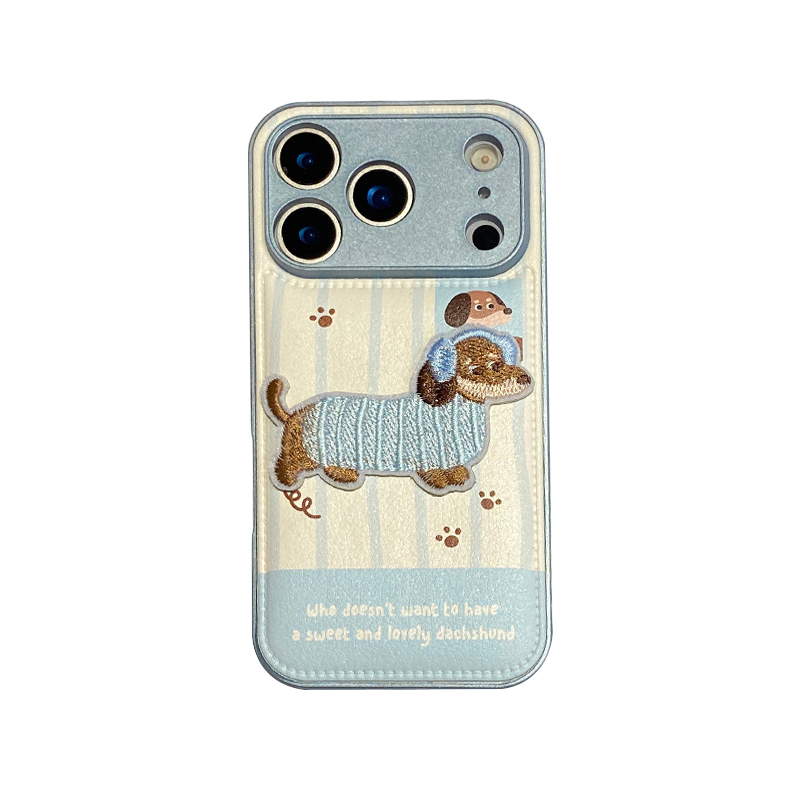 可爱秋冬皮质蓝条纹刺绣腊肠狗适用于苹果17promax手机壳iphone16保护套14防摔13新款全包15pro个性max手机套