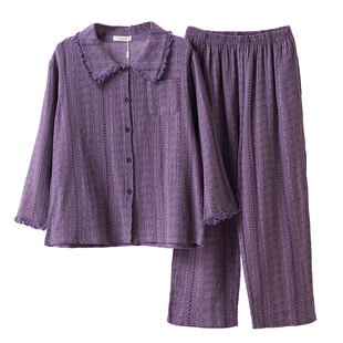 加肥加大200斤睡衣秋女款大码双层棉纱妈妈秋季纯棉家居服胖m春秋