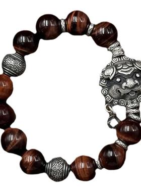 天然虎眼石纯银醒狮八卦手链礼物