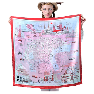 VIESCA原创女士真丝桑蚕丝丝巾老上海地图创意礼物